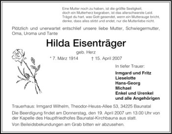 Todesanzeige von Hilda Eisenträger von HNA