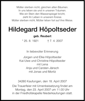 Todesanzeige von Hildegard Höpoltseder von HNA