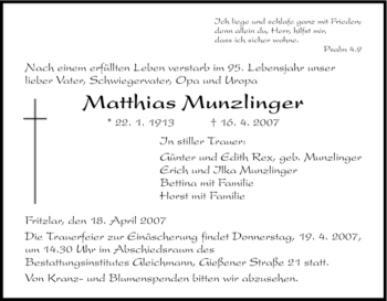 Todesanzeige von Matthias Munzlinger von HNA