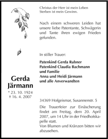 Todesanzeige von Gerda Järmann von HNA