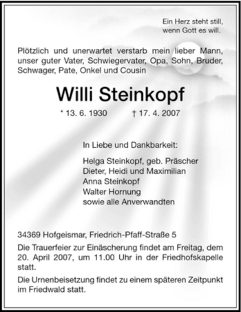 Todesanzeige von Willi Steinkopf von HNA
