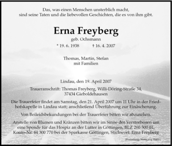 Todesanzeige von Erna Freyberg von HNA