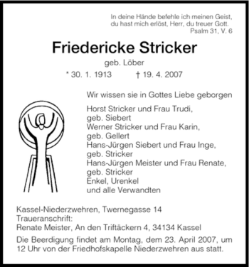 Todesanzeige von Friedericke Stricker von HNA