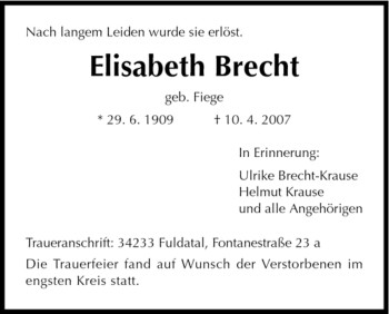 Todesanzeige von Elisabeth Brecht von HNA