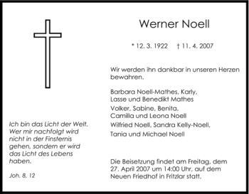 Todesanzeige von Werner Noell von HNA