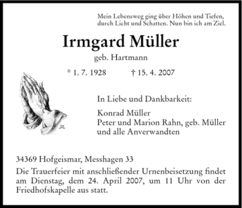 Todesanzeige von Irmgard Müller von HNA