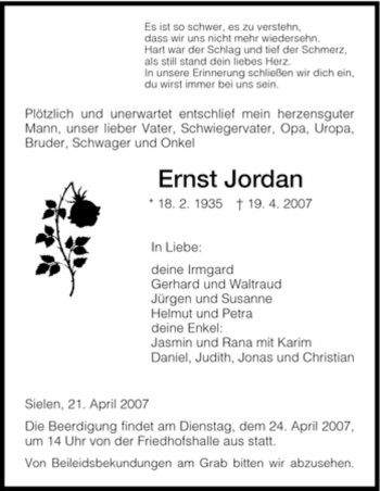 Todesanzeige von Ernst Jordan von HNA