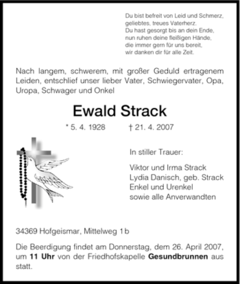Todesanzeige von Ewald Strack von HNA