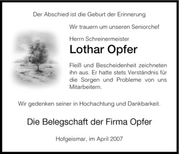 Todesanzeige von Lothar Opfer von HNA