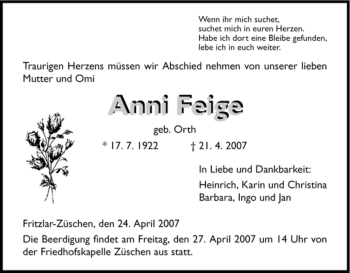 Todesanzeige von Anni Feige von HNA