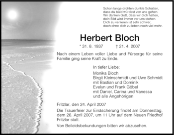 Todesanzeige von Herbert Bloch von HNA