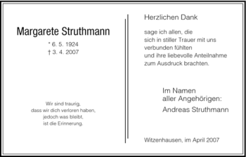Todesanzeige von Margarete Struthmann von HNA
