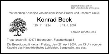 Todesanzeige von Konrad Beck von HNA