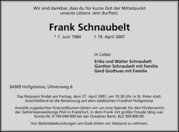 Todesanzeige von Frank Schnaubelt von HNA