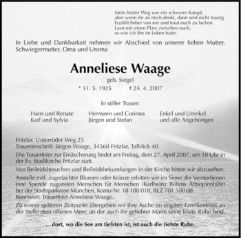 Todesanzeige von Anneliese Waage von HNA