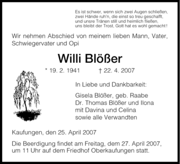 Todesanzeige von Willi Blößer von HNA