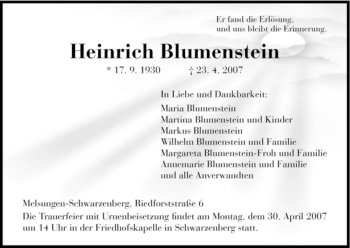 Todesanzeige von Heinrich Blumenstein von HNA