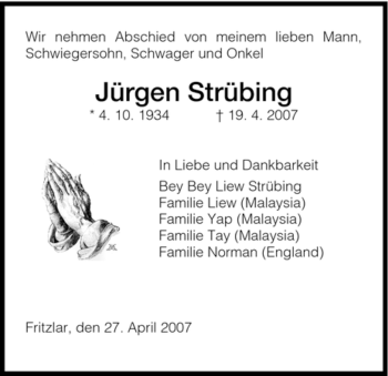 Todesanzeige von Jürgen Strübing von HNA