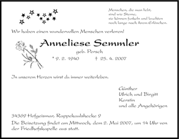 Todesanzeige von Anneliese Semmler von HNA