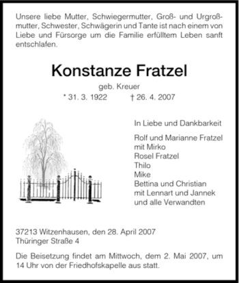 Todesanzeige von Konstanze Fratzel von HNA