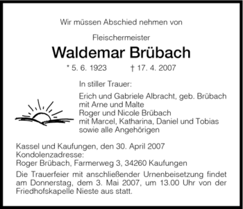 Todesanzeige von Waldemar Brübach von HNA