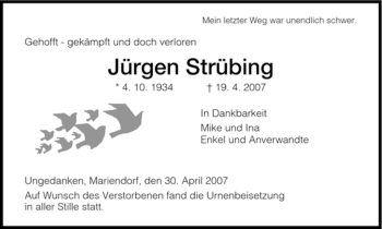 Todesanzeige von Jürgen Strübing von HNA