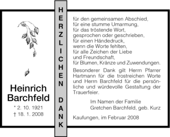 Todesanzeige von Heinrich Barchfeld von HNA