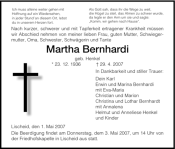 Todesanzeige von Martha Bernhardi von HNA