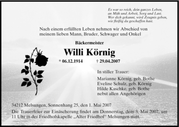 Todesanzeige von Willi Körnig von HNA