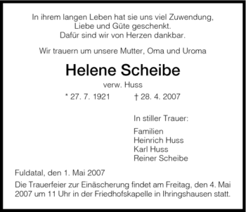 Todesanzeige von Helene Scheibe von HNA