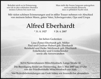Todesanzeige von Alfred Eberhardt von HNA
