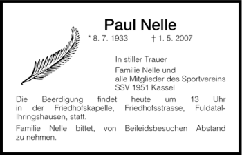 Todesanzeige von Paul Nelle von HNA