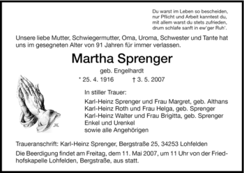 Todesanzeige von Martha Sprenger von HNA