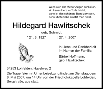 Todesanzeige von Hildegard Hawlitschek von HNA