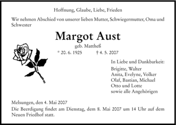 Todesanzeige von Margot Aust von HNA