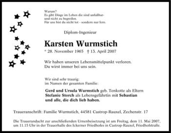 Todesanzeige von Karsten Wurmstich von HNA
