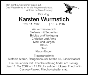 Todesanzeige von Karsten Wurmstich von HNA