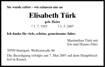 Todesanzeige von Elisabeth Türk von HNA