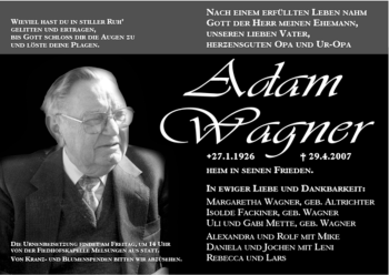 Todesanzeige von Adam Wagner von HNA