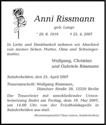 Todesanzeige von Anni Rissmann von HNA