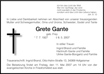 Todesanzeige von Grete Gante von HNA