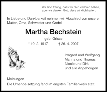 Todesanzeige von Martha Bechstein von HNA