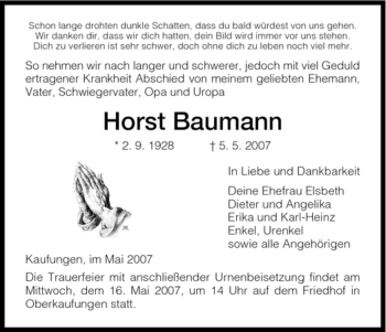 Todesanzeige von Horst Baumann von HNA