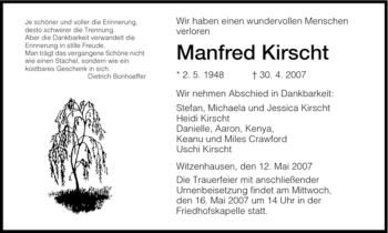 Todesanzeige von Manfred Kirscht von HNA