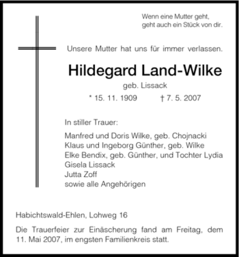 Todesanzeige von Hildegard Land-Wilke von HNA