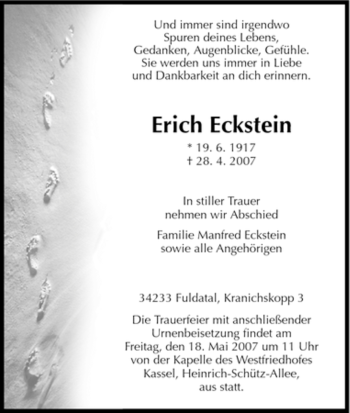 Todesanzeige von Erich Eckstein von HNA