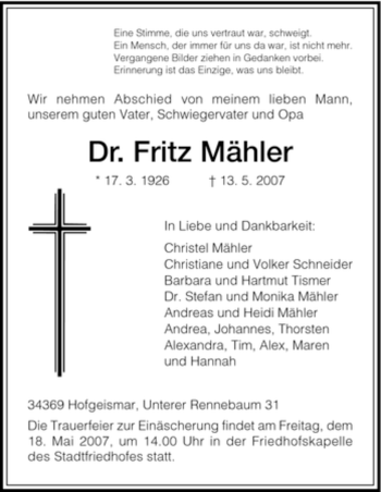 Todesanzeige von Fritz Mähler von HNA