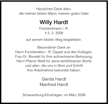 Todesanzeige von Willy Hardt von HNA