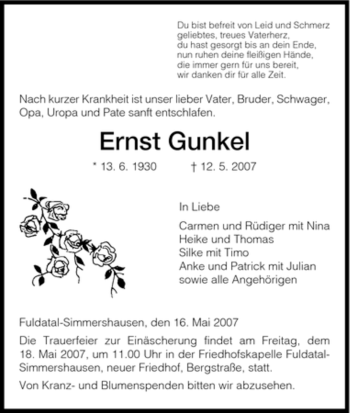 Todesanzeige von Ernst Gunkel von HNA