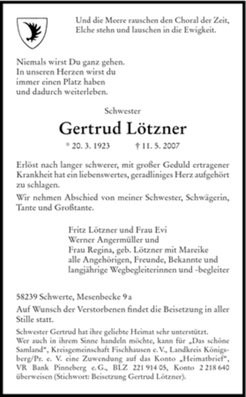 Todesanzeige von Gertrud Lötzner von HNA
